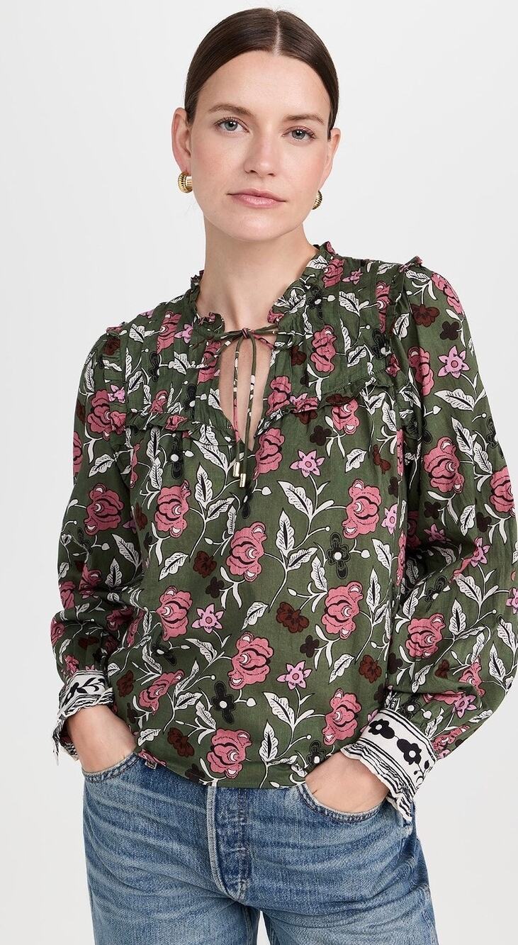 Cleobella Green Floral Print Organic Cotton Ruffle Long Sleeve Blouse Size XS